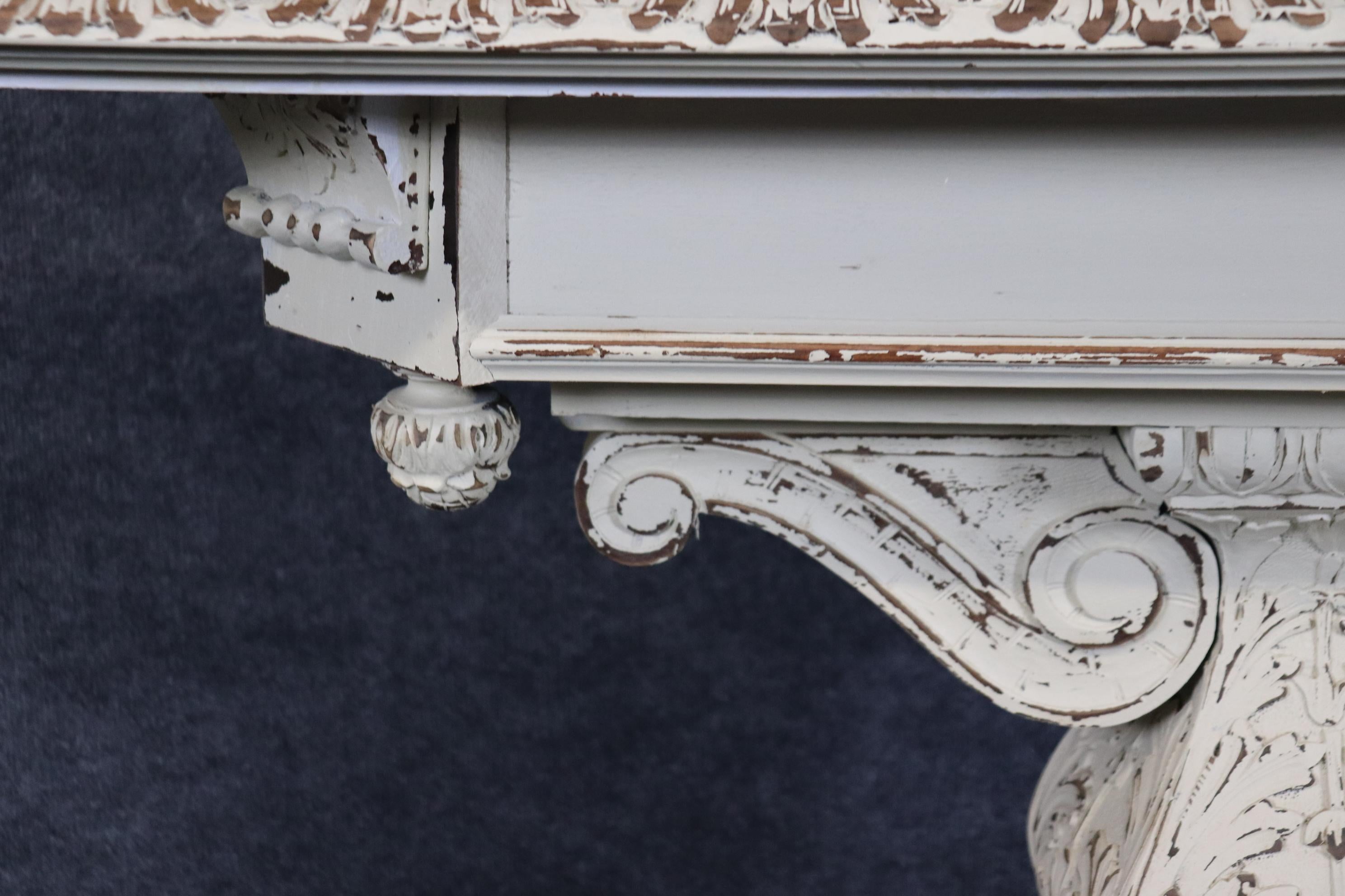  Pair of Distressed White Painted Carved Jacobean Style Console Tables  For Sale 3