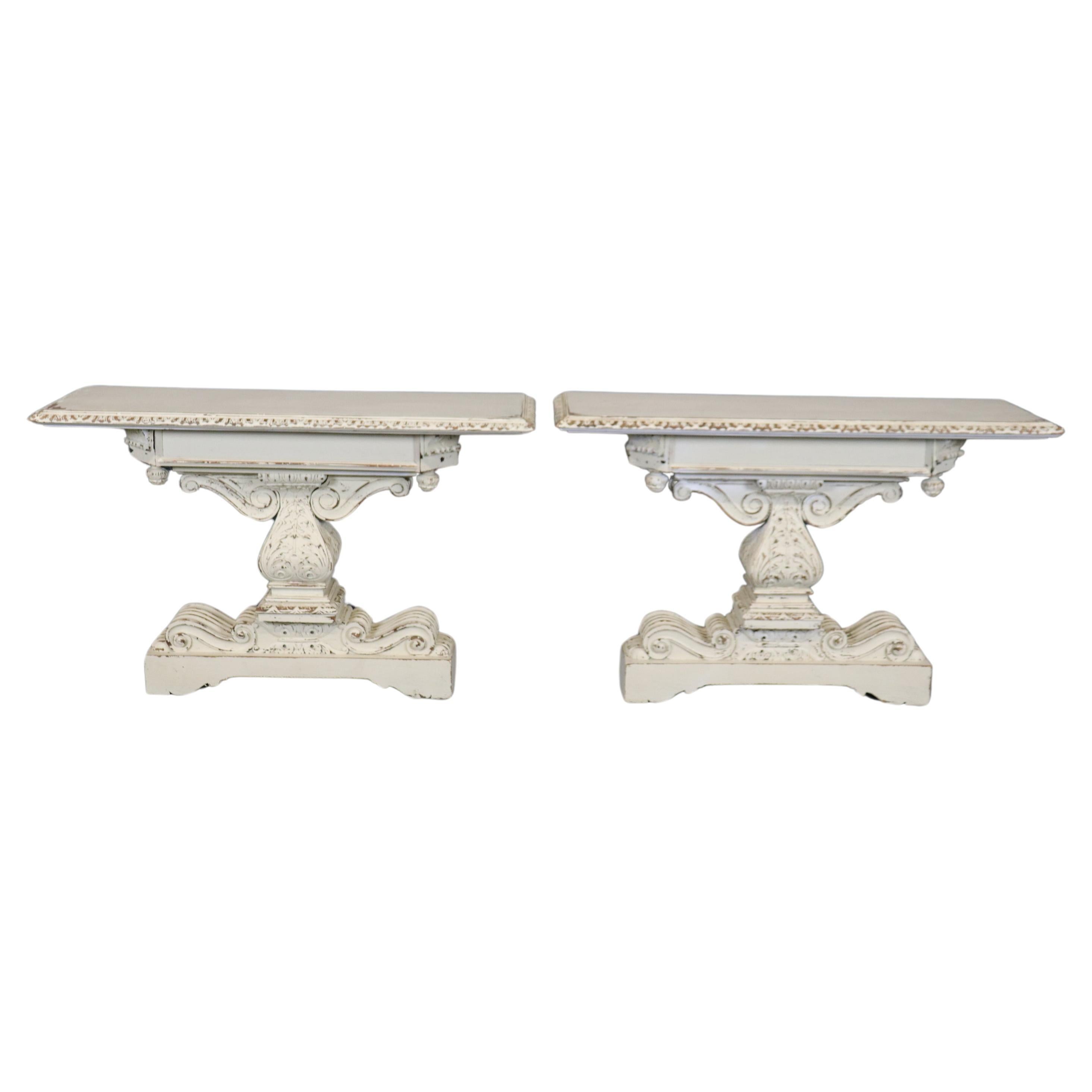  Pair of Distressed White Painted Carved Jacobean Style Console Tables  For Sale