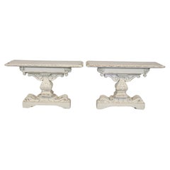  Pair of Distressed White Painted Carved Jacobean Style Console Tables 