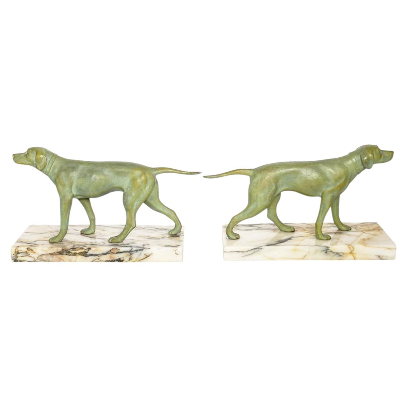 Pair of dog sculptures in bronze and marble, France, 19th century