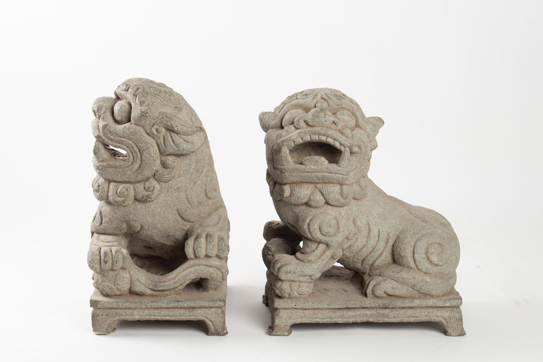 Chinese Pair of Dogs Fo Stone Monobloque, China, Early 20th Century, Art of Asia