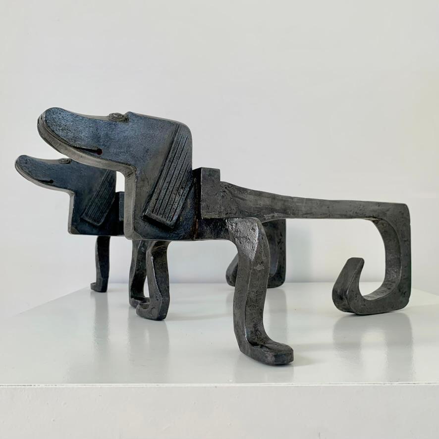 Pair of Dogs Wrought Iron Andirons, circa 1950, France. For Sale 7