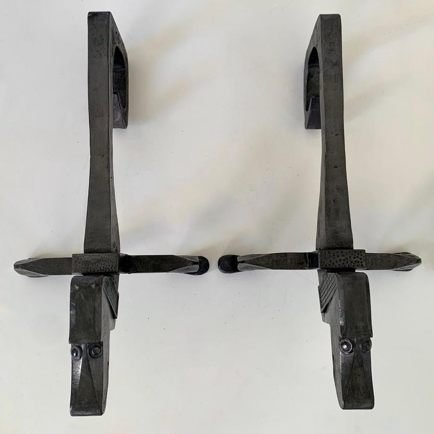 Pair of Dogs Wrought Iron Andirons, circa 1950, France. For Sale 10