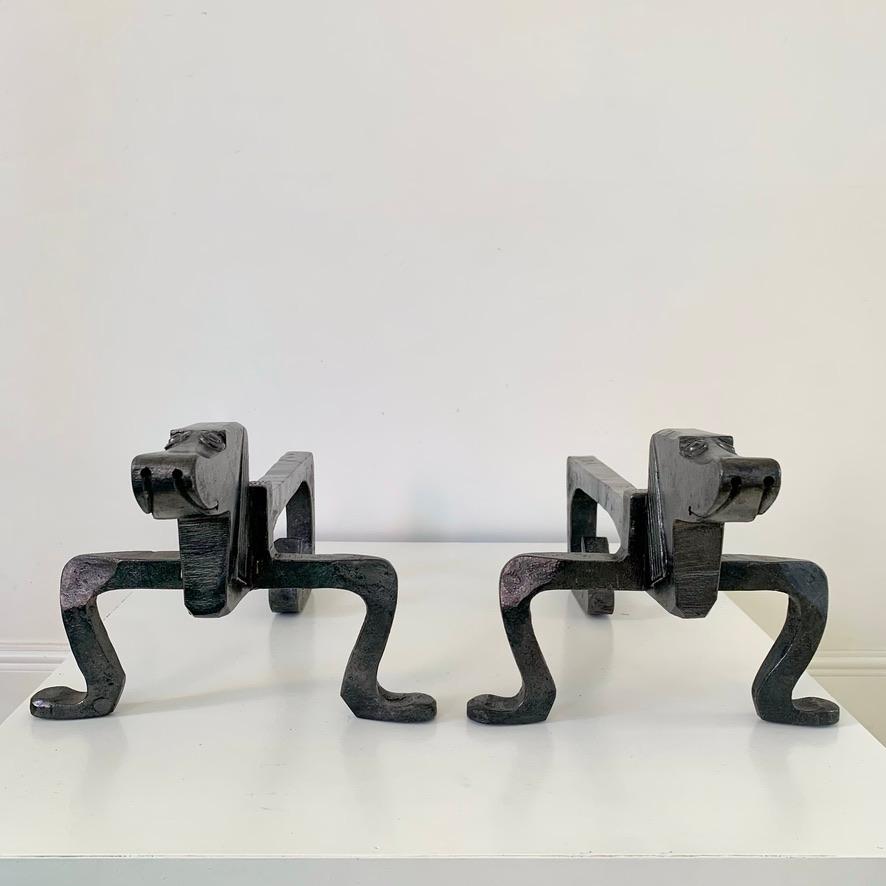 Pair of Dogs Wrought Iron Andirons, circa 1950, France. For Sale 11