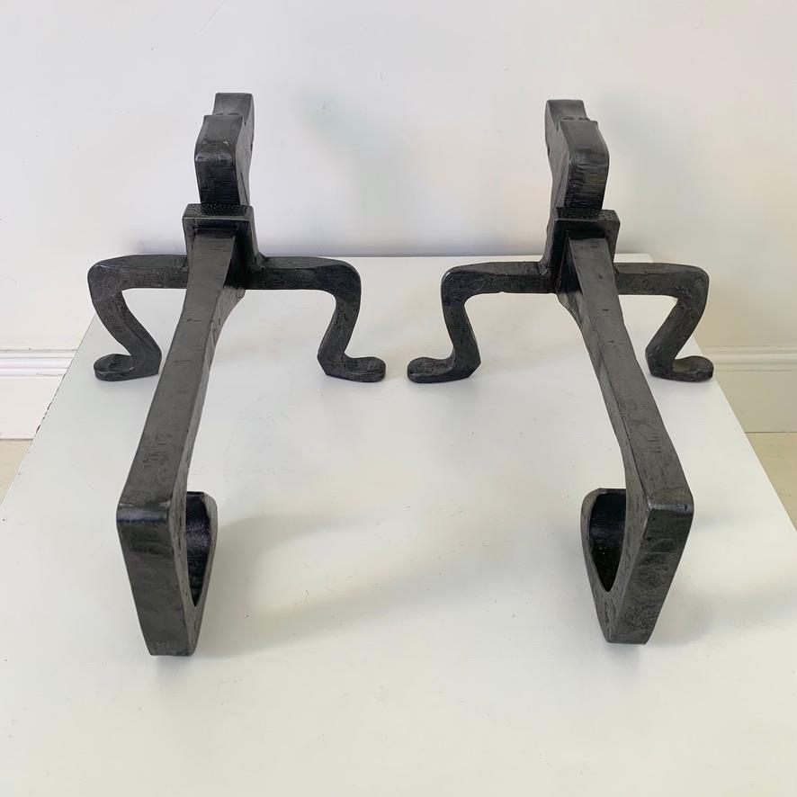 Pair of Dogs Wrought Iron Andirons, circa 1950, France. For Sale 12