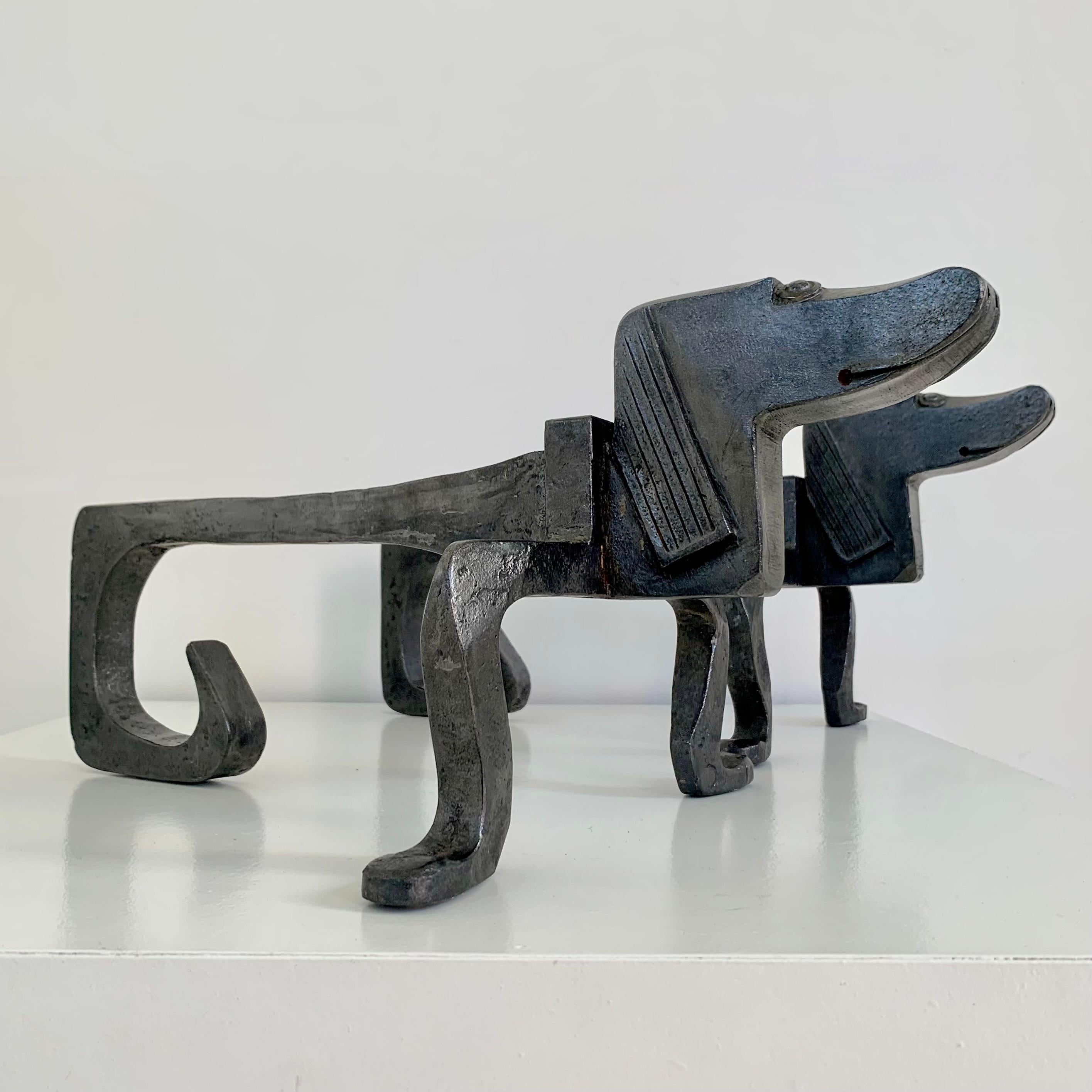 Pair of Dogs Wrought Iron Andirons, circa 1950, France. For Sale 13
