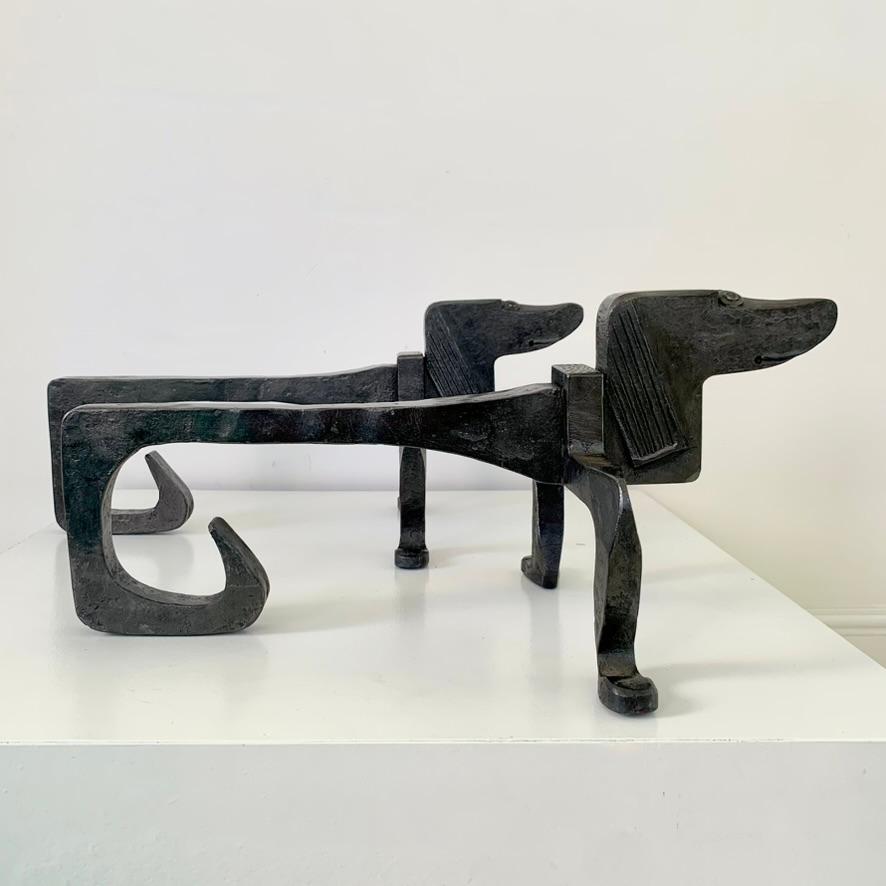 Mid-Century Modern Pair of Dogs Wrought Iron Andirons, circa 1950, France. For Sale