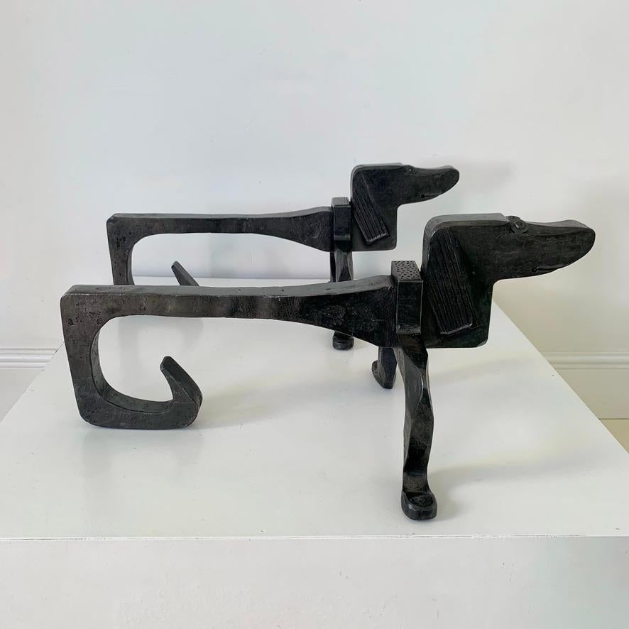 French Pair of Dogs Wrought Iron Andirons, circa 1950, France. For Sale