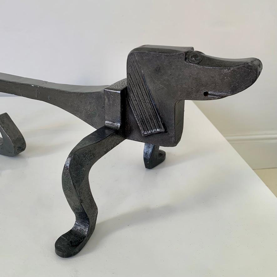 Mid-20th Century Pair of Dogs Wrought Iron Andirons, circa 1950, France. For Sale