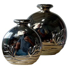 Pair of Dolbi Cashier Art Deco Revival Gunmetal Metal Vases, Korea, 1980s