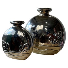 Pair of Dolbi Cashier Art Deco Revival Gunmetal Metal Vases, Korea, 1980s