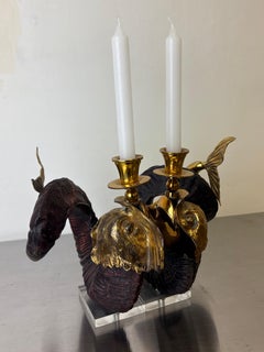 Paar Delphin-Kerzenhalter Gabriella Crespi Faux Horn Harz Bronze Italien 1970er