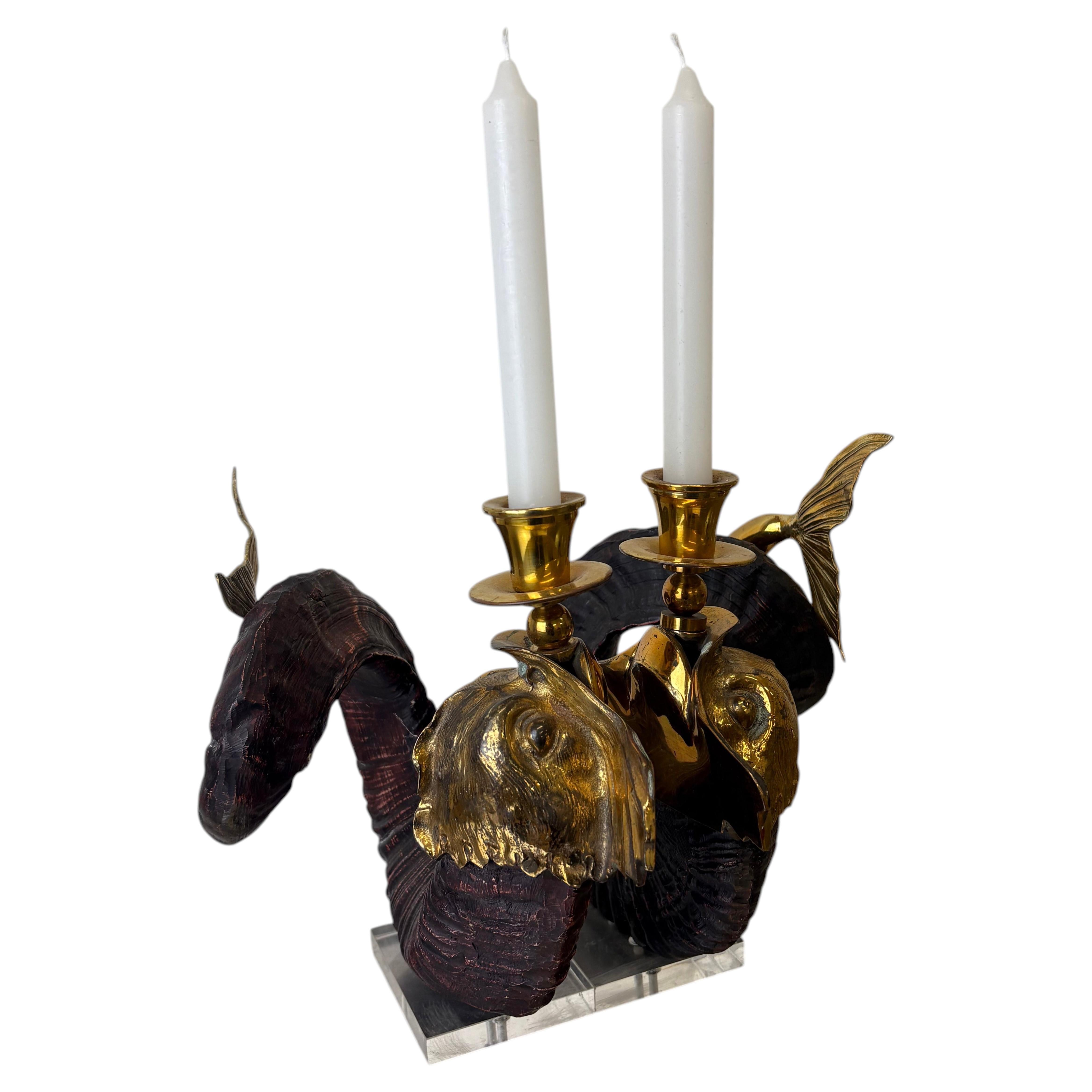 Pair of Dolphin Candleholder Faux Horn Resin Bronze Italy 1970s For Sale