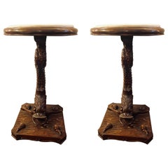 Pair of Dolphin Carved Full Bodied End Tables or Pedestals with Marble Tops