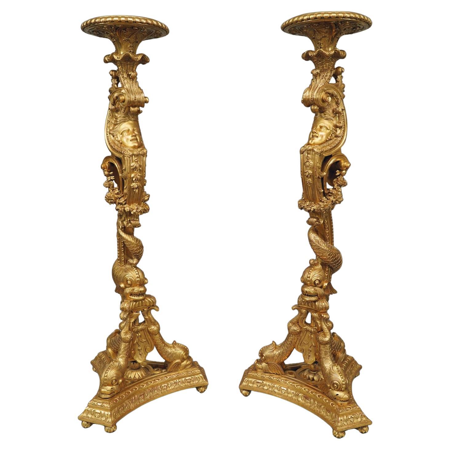 Pair of « Dolphins » Torcheres Holders, France, Circa 1860 in vendita