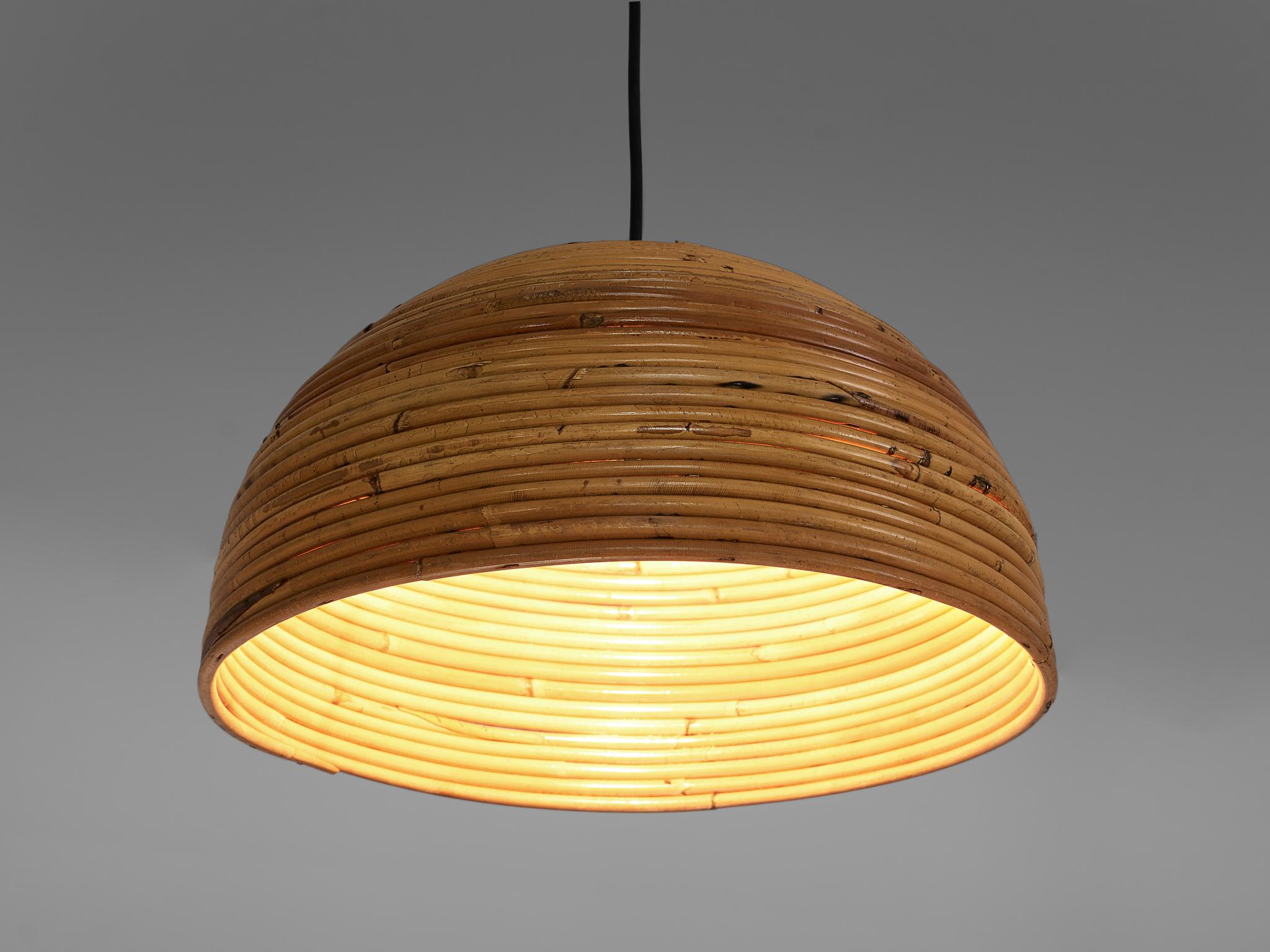 Mid-Century Modern Pair of Dome Pendants in Bamboo Bentwood and Brass