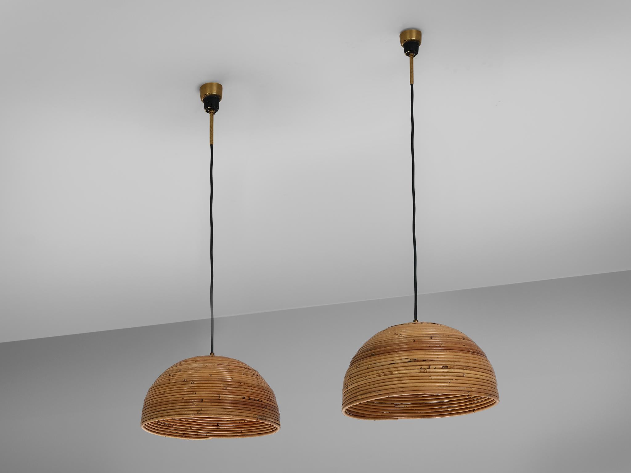 Mid-20th Century Pair of Dome Pendants in Bamboo Bentwood and Brass