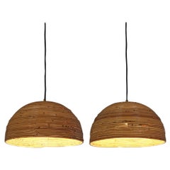 Pair of Dome Pendants in Bamboo Bentwood and Brass