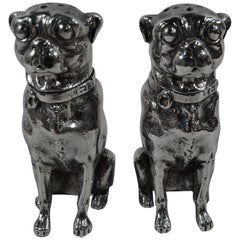 Antique Pair of Dominick & Haff Sterling Silver Salt and Pepper Pug Dog Shakers