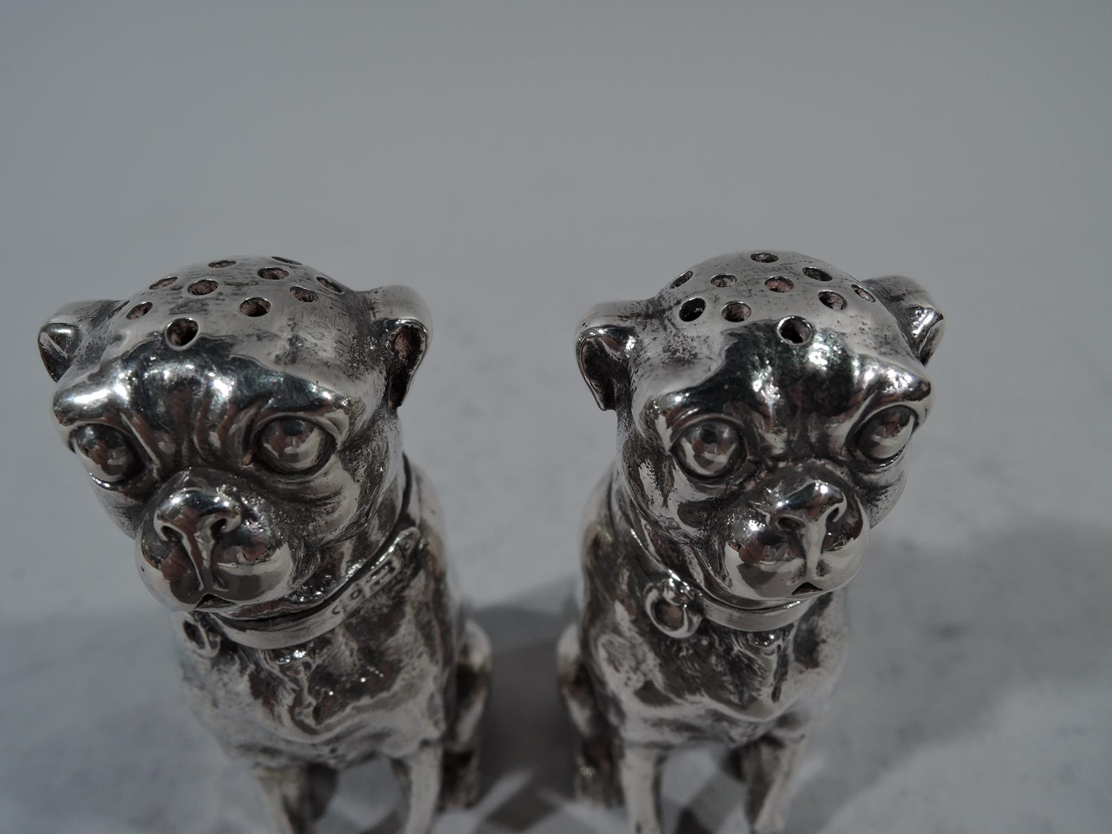 Victorian Pair of Dominick & Haff Sterling Silver Salt and Pepper Pug Dog Shakers