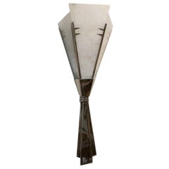 Pair of Dominique Style Art Deco Sconces, Polished Nickel, Alabaster Shades