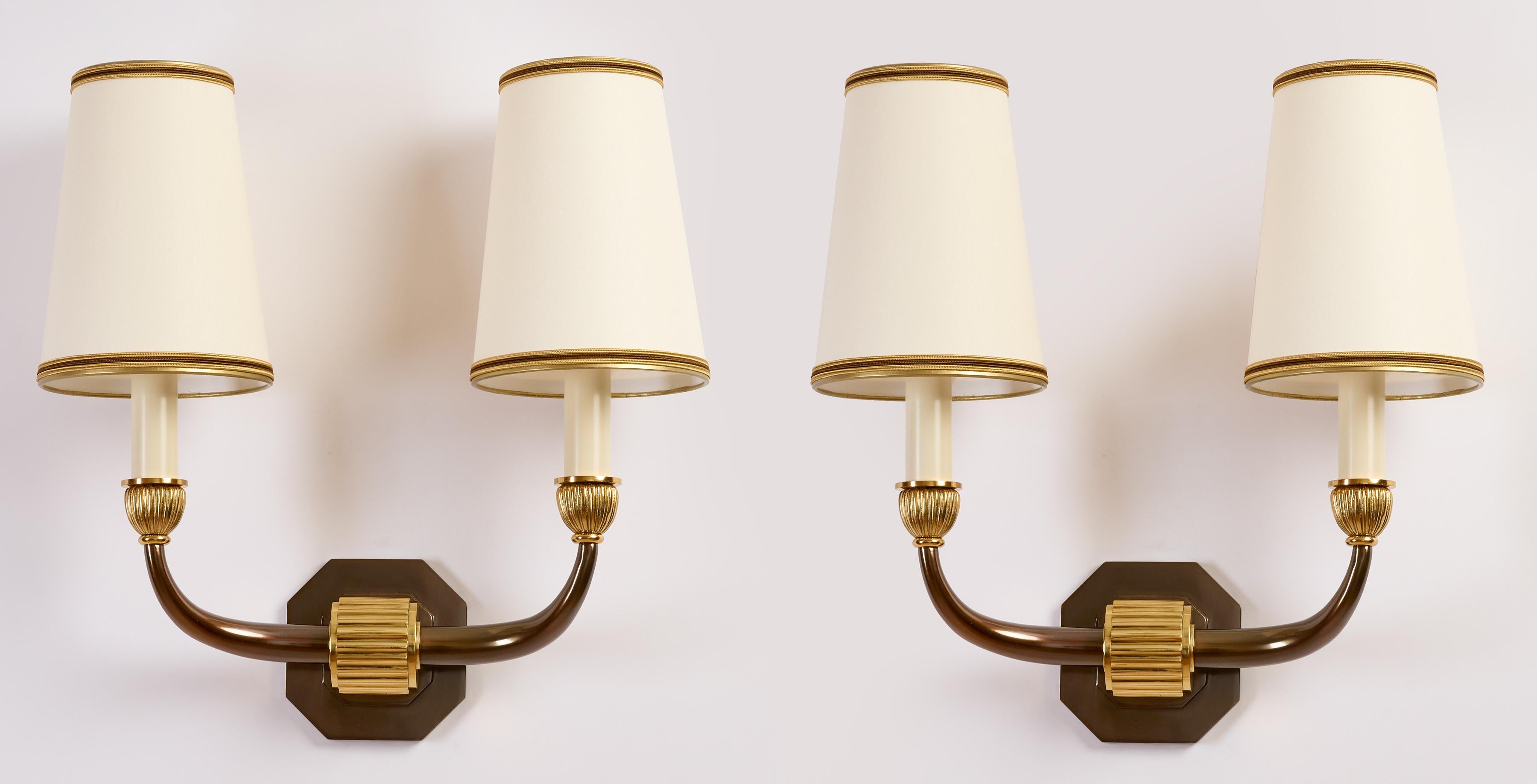 Mid-Century Modern Pair of Dominique Two Branch Bronze Sconces, France 1940's   For Sale