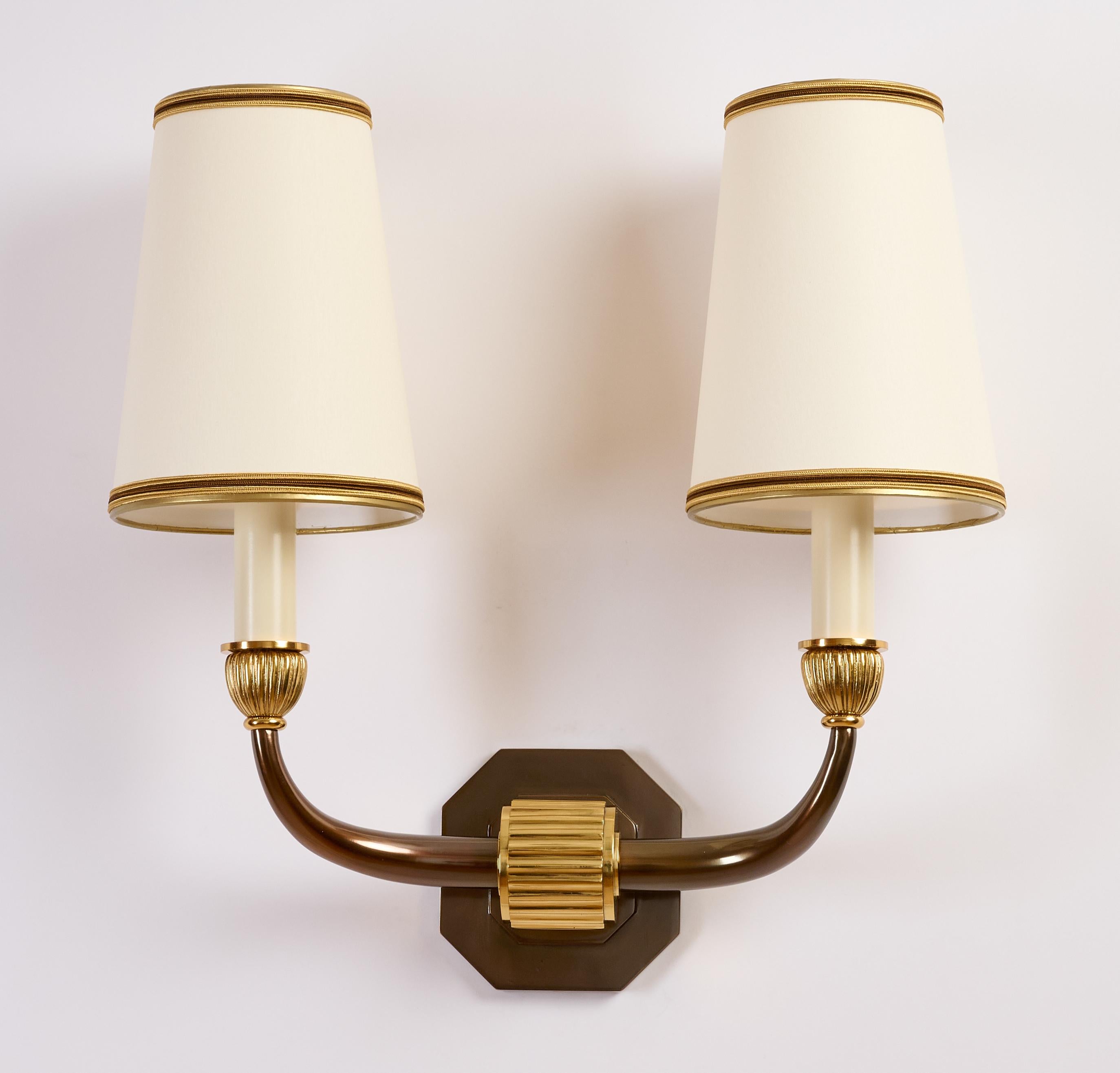 French Pair of Dominique Two Branch Bronze Sconces, France 1940's   For Sale