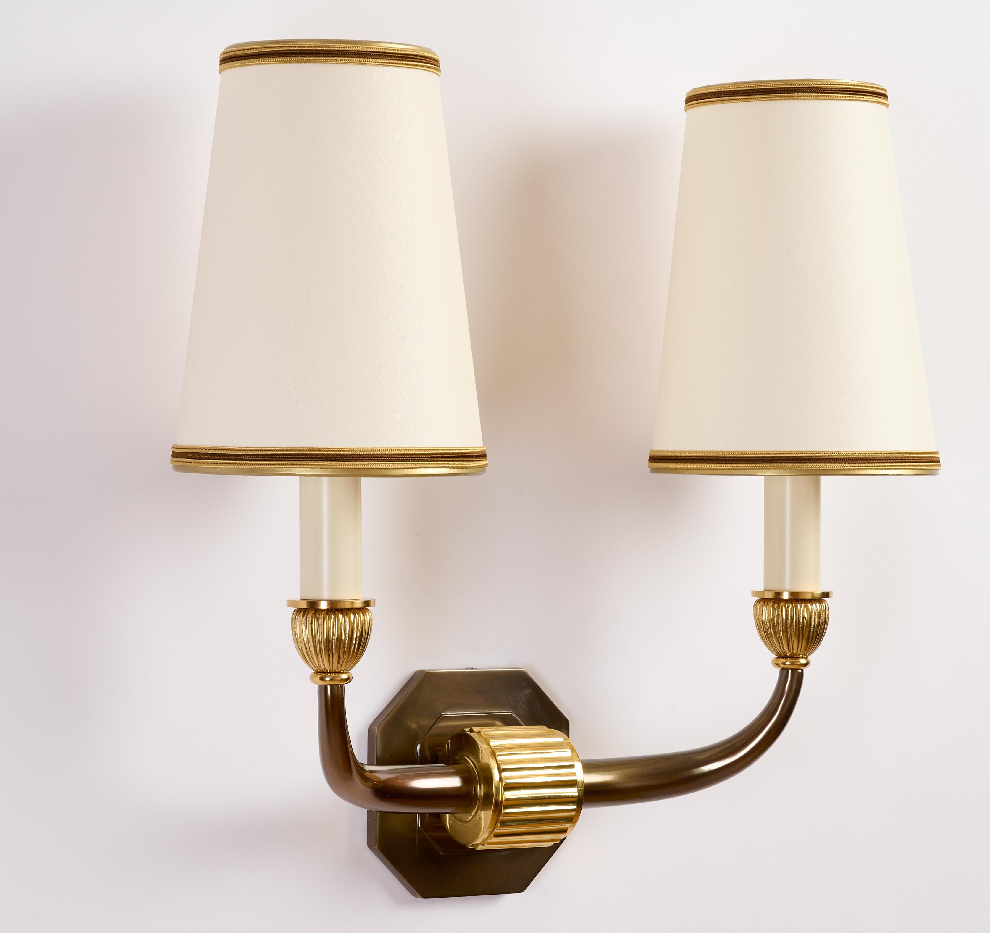Mid-20th Century Pair of Dominique Two Branch Bronze Sconces, France 1940's   For Sale