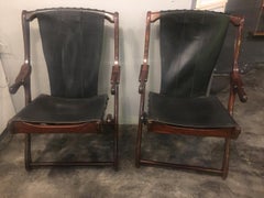 Pair of Don S. Shoemaker Sling Folding Chairs in Cueramo Wood and Black Leather