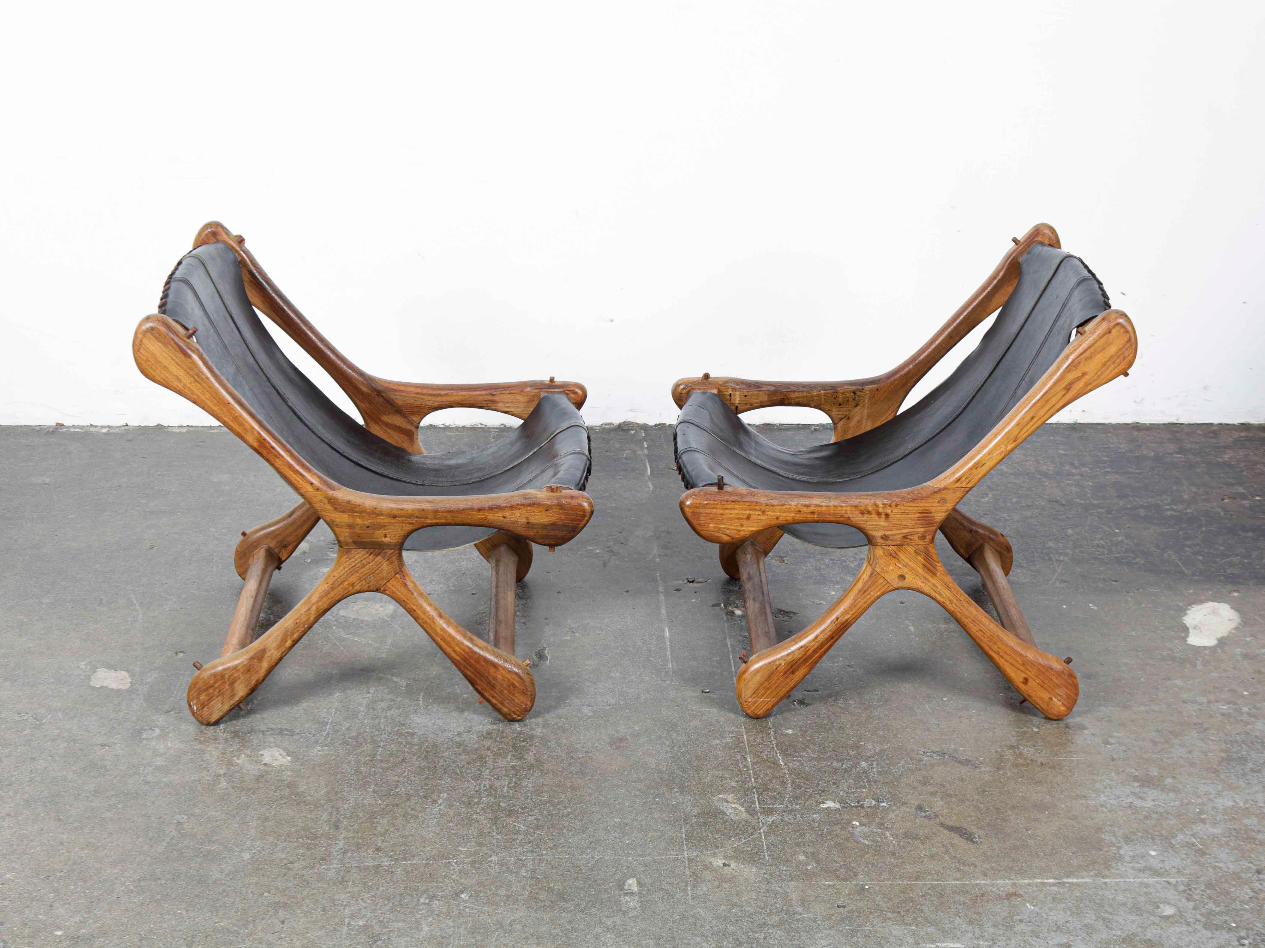Mexican Pair of Don Shoemaker Solid Rosewood Sling Chairs in Original Black Leather For Sale