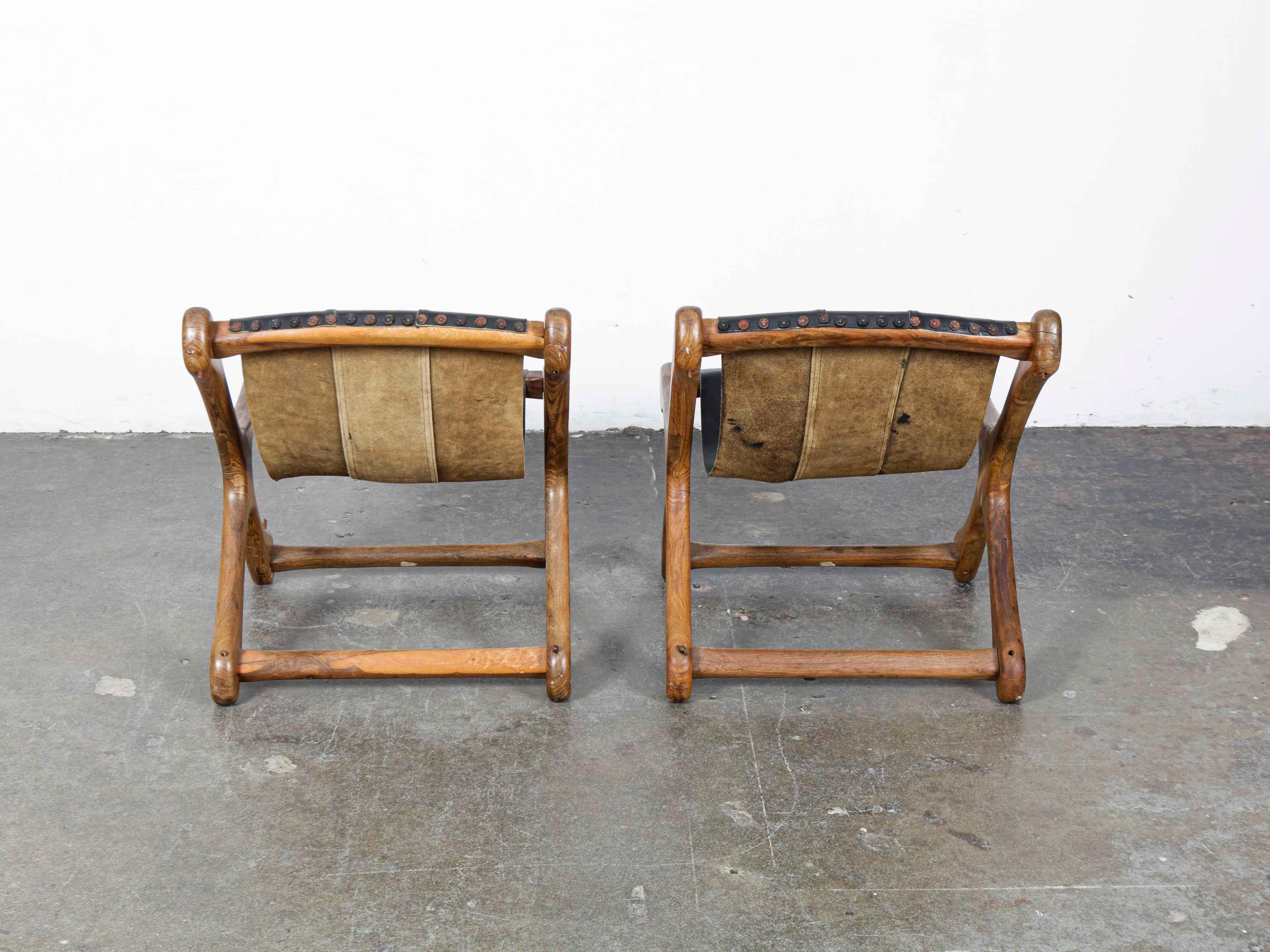 Mid-20th Century Pair of Don Shoemaker Solid Rosewood Sling Chairs in Original Black Leather For Sale