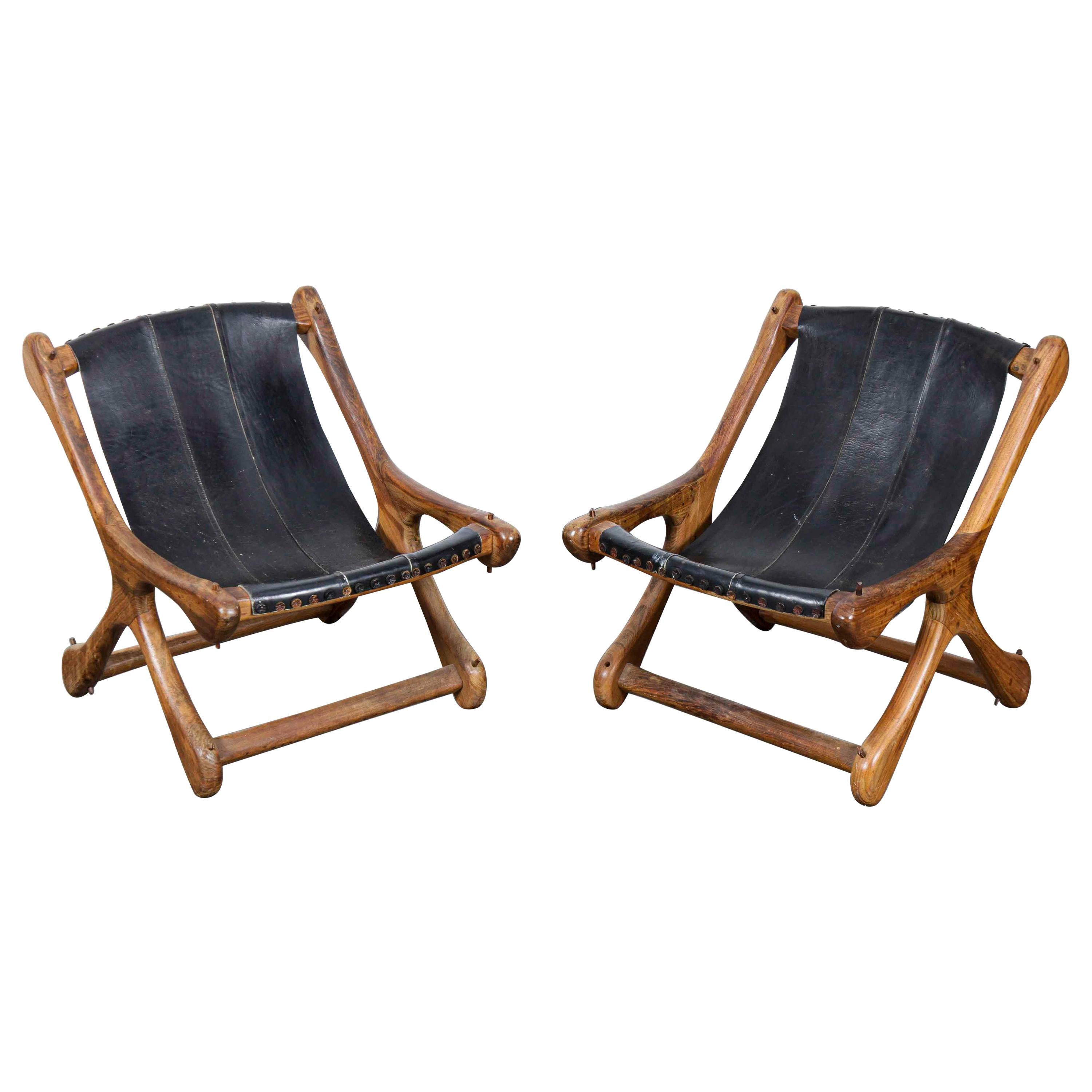 Pair of Don Shoemaker Solid Rosewood Sling Chairs in Original Black Leather For Sale