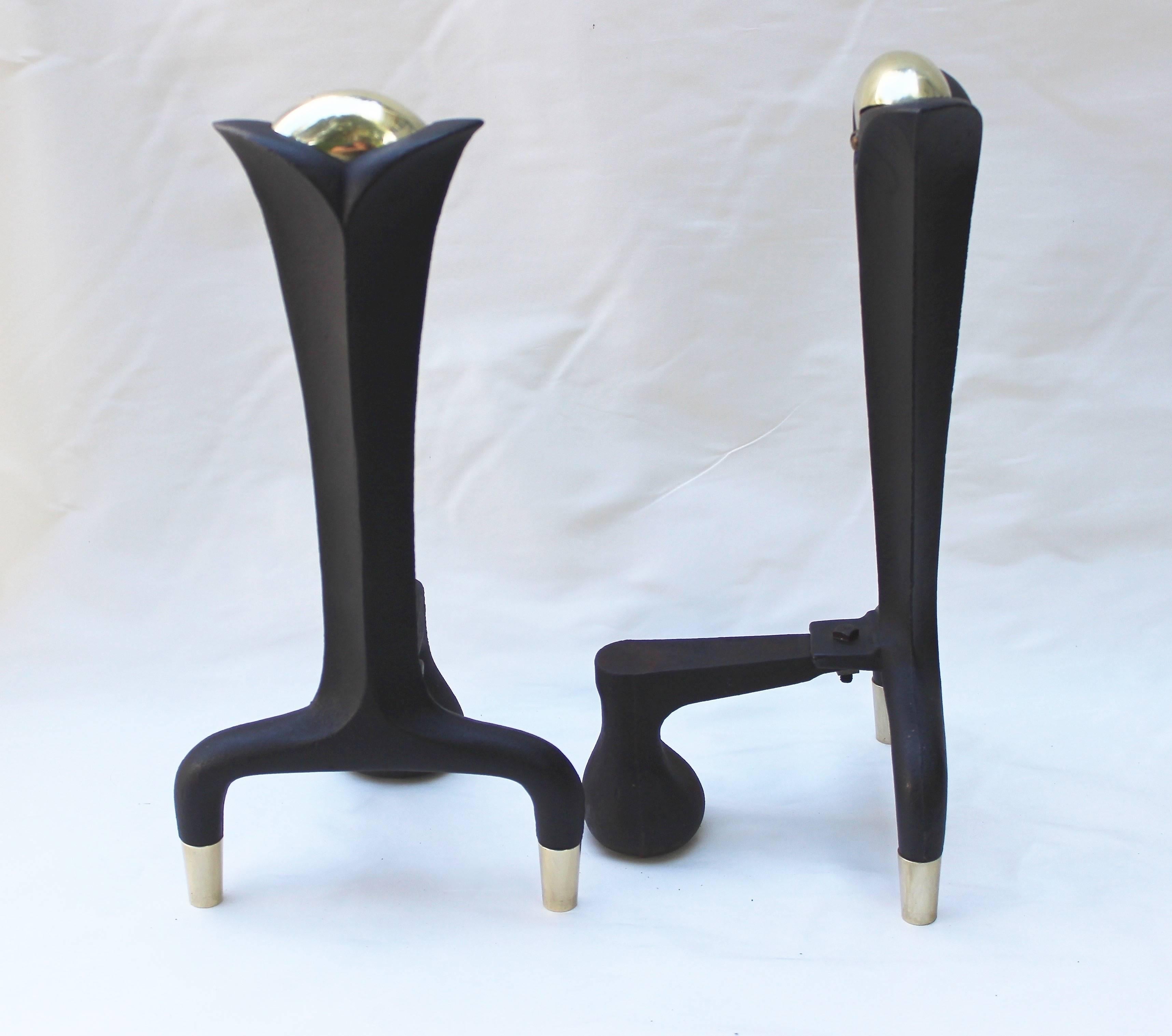 Iron Pair of Donald Deskey Andirons For Sale