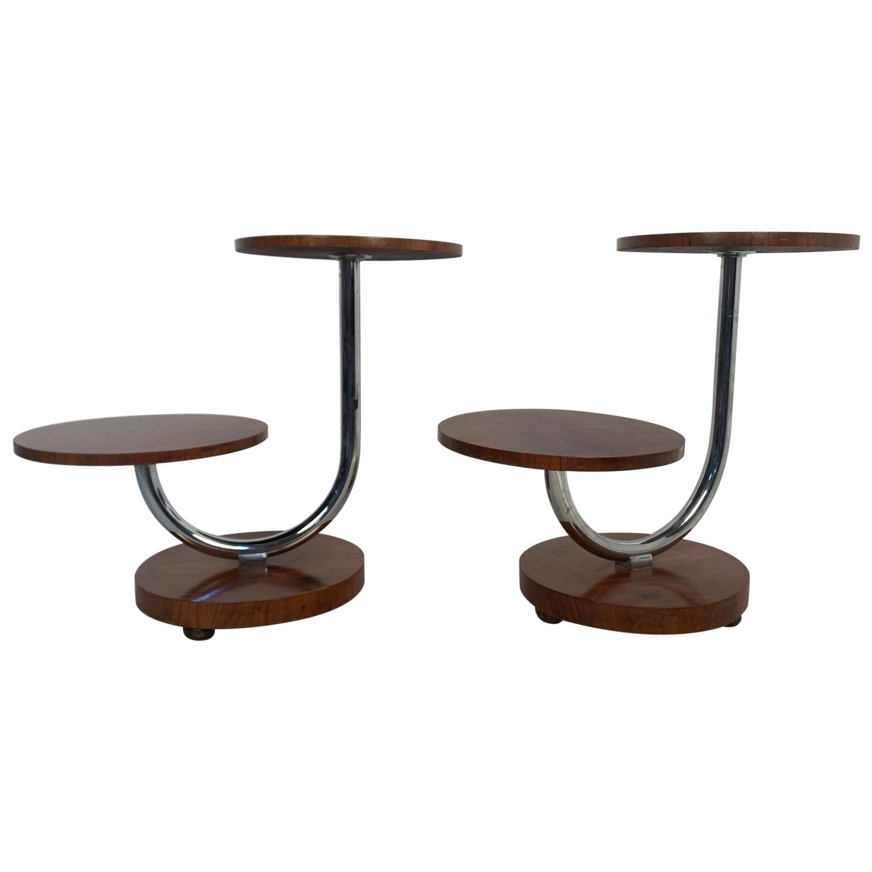 Pair of Donald Deskey Art Deco Walnut and Chrome Side Tables
