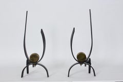 Pair of Donald Deskey Black Cast Iron & Brass "Puck" Andirons, Circa 1960