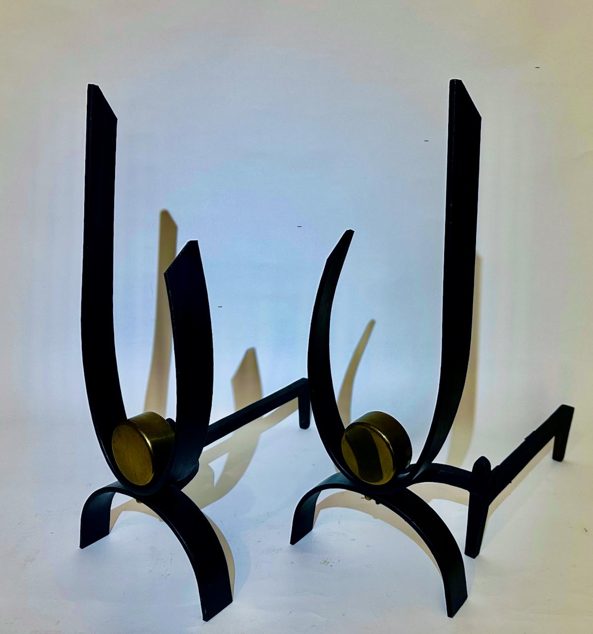 Pair of Donald Deskey Black Cast Iron Brass Andirons, Circa 1960 In Good Condition For Sale In Bainbridge, NY