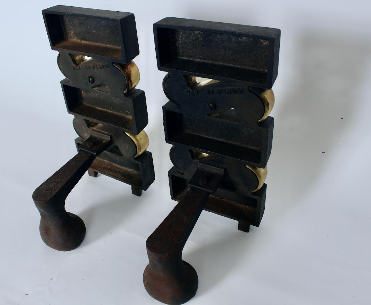 Mid-20th Century Pair of Donald Deskey for Bennett Textured Bronze & Brass Andirons, 1950's For Sale