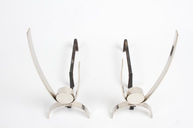 American Pair of Donald Deskey Mid-Century Modern Nickel Plated Sculptural Andirons For Sale
