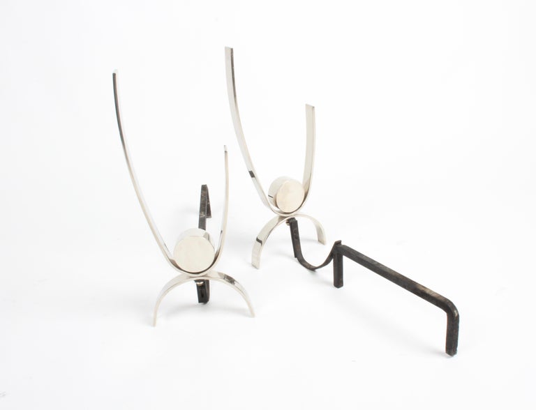 Pair of Donald Deskey Mid-Century Modern Nickel Plated Sculptural Andirons For Sale 3