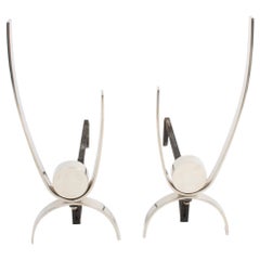 Pair of Donald Deskey Mid-Century Modern Nickel Plated Sculptural Andirons
