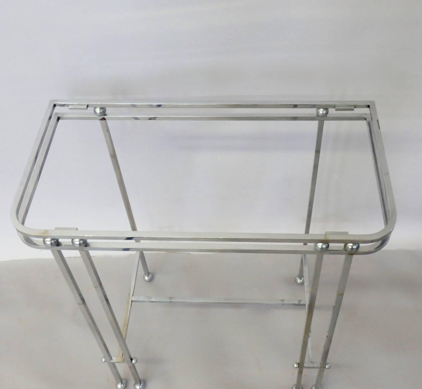 Hand-Crafted Pair of Donald Deskey Style Art Deco Machine Age Chrome Console Side Tables For Sale