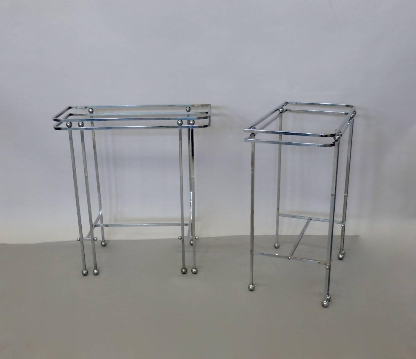 Glass Pair of Donald Deskey Style Art Deco Machine Age Chrome Console Side Tables For Sale