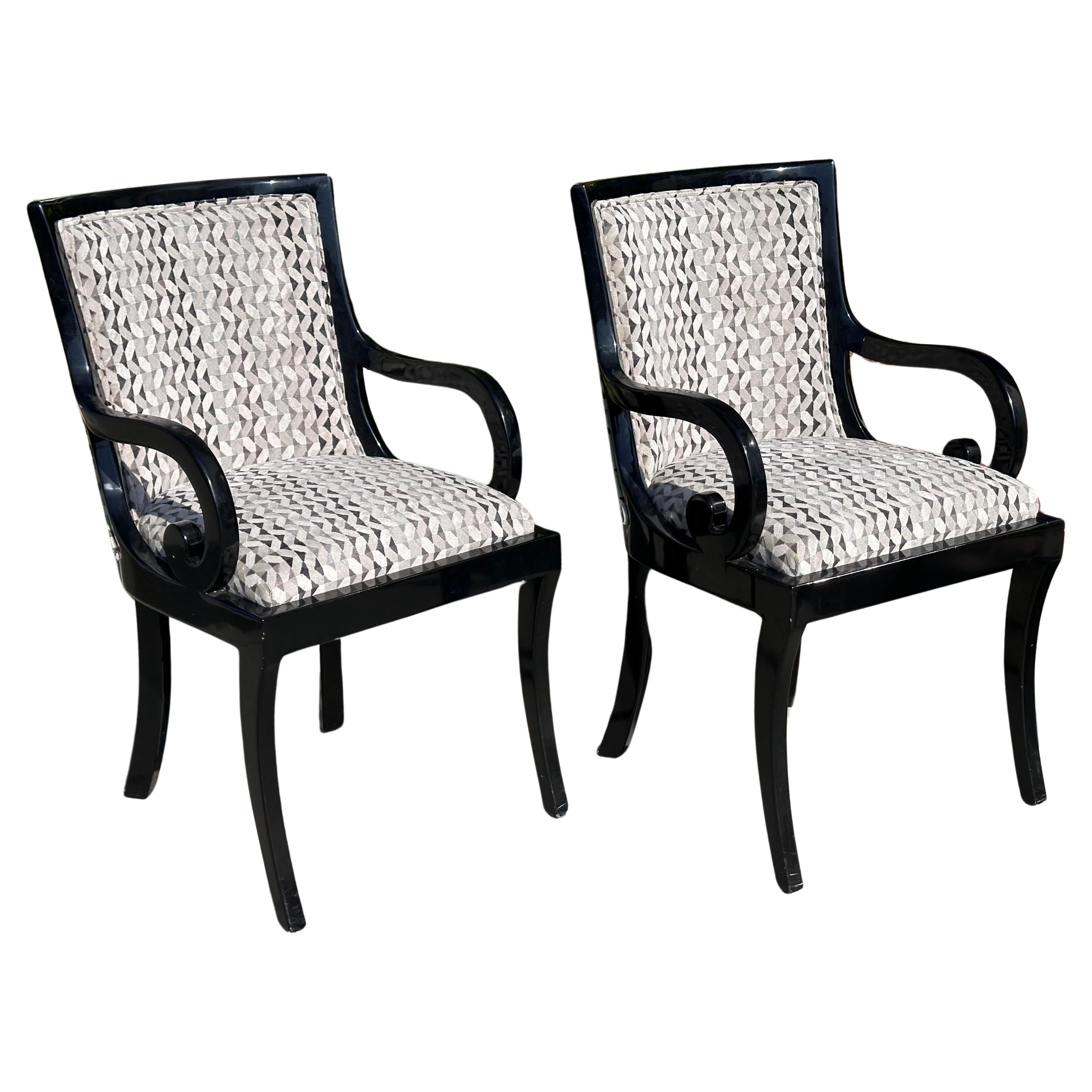 Pair of Donghia Black Lacquered Designer Arm Chairs For Sale