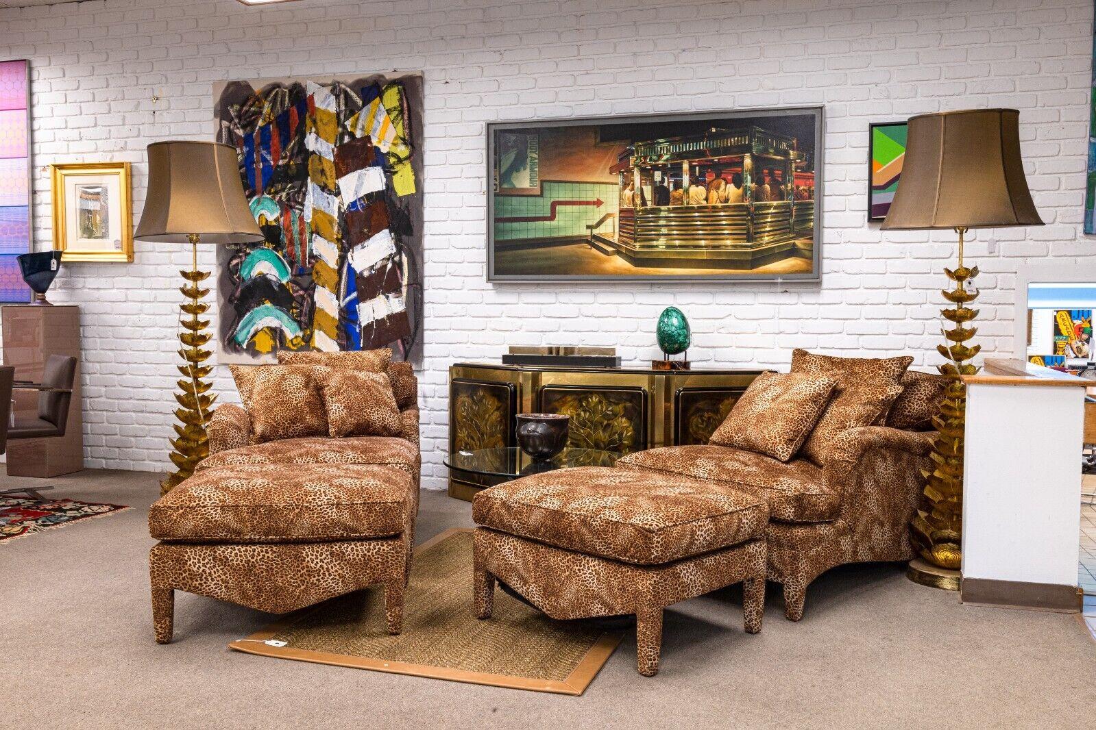 A pair of Donghia leopard print left and right hand chaises with matching ottomans. This is a lovely and extravagant pair of sofa chairs, perfect for a cozy day nap. These two matching pieces feature a full head to toe leopard print upholstery, a