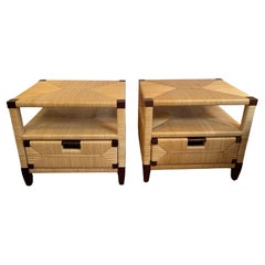 Pair of Donghia Mahogany & Rush Rattan End Tables Night Stands by John Hutton