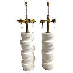 Pair of Donghia Stacked Carrera Marble Column Lamps, Circa 1980s