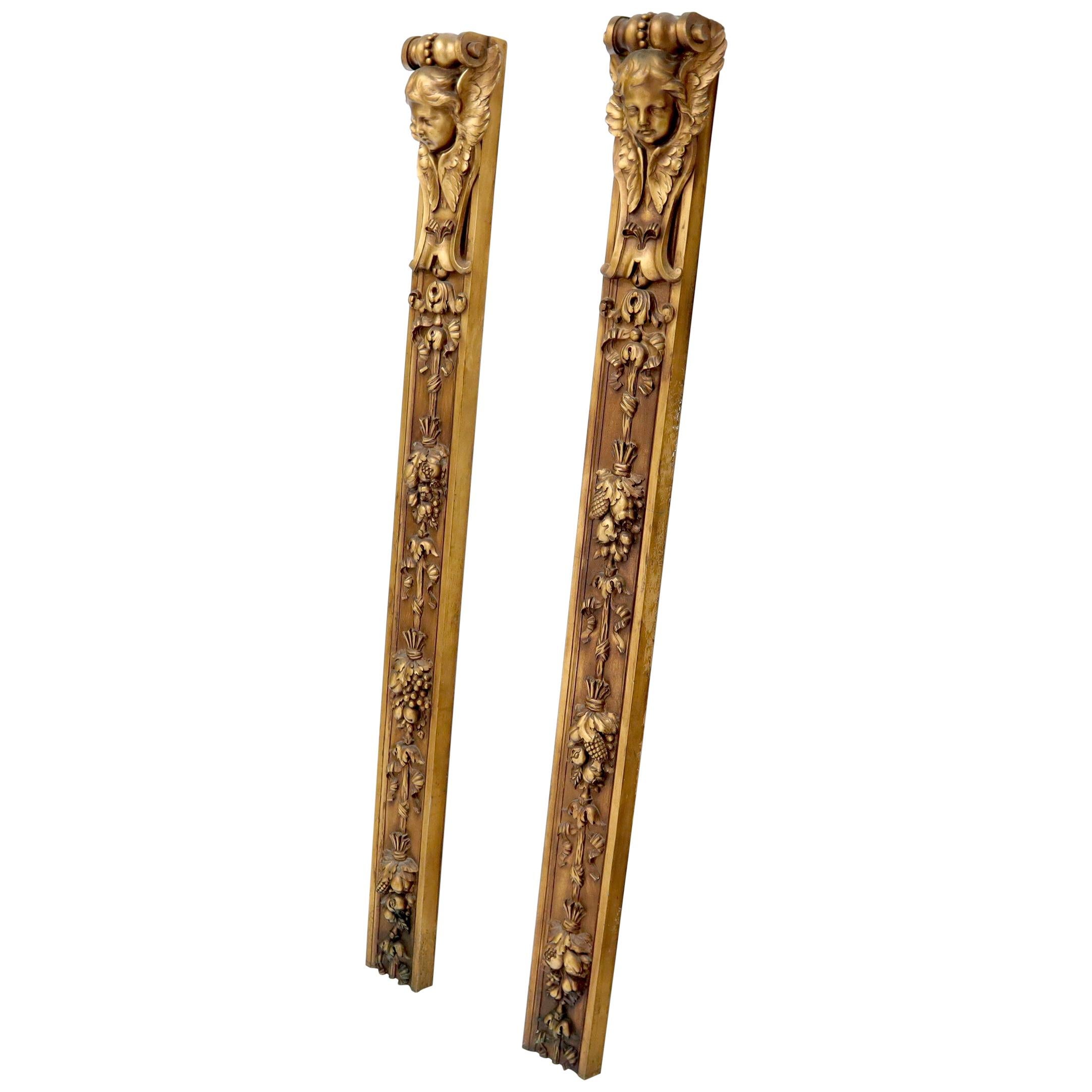 Pair of Door Frame Decoration Mounts Columns Sculptures Gold Cherubs Motive For Sale