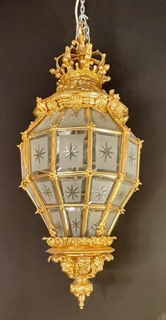 Pair of Dore Bronze Etched Glass Lantern Chandeliers