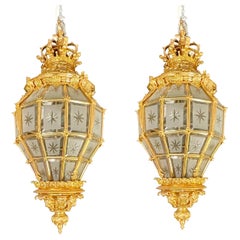 Pair of Dore Bronze Etched Glass Lantern Chandeliers