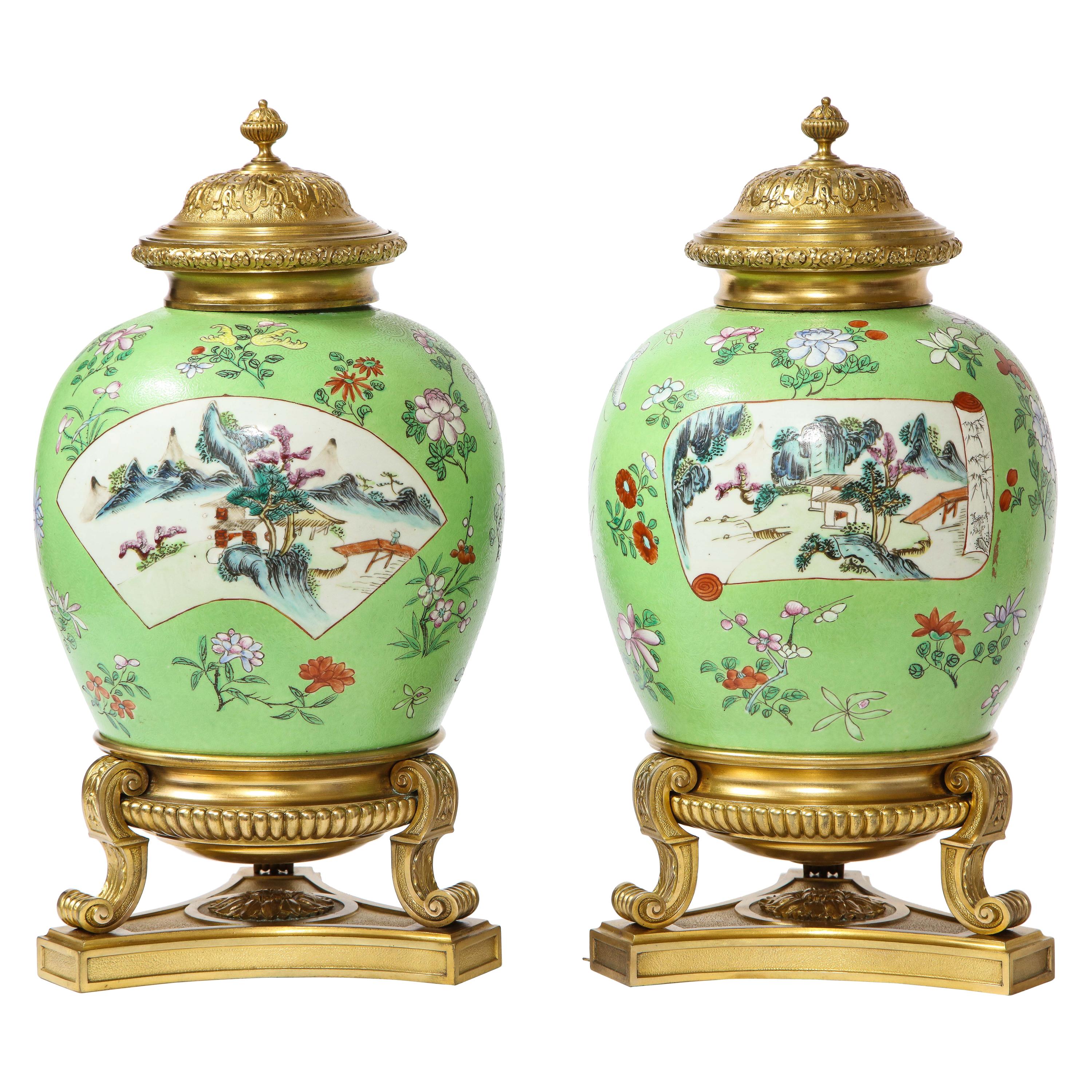 Pair of Dore Bronze Mounted Chinese Famille Rose Porcelain Vases